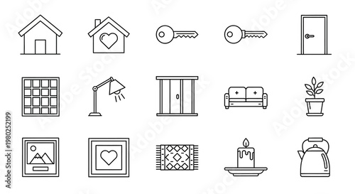 Comprehensive Set of Outline Icons Depicting Everyday Home Objects and Real Estate Elements for Modern Design Projects