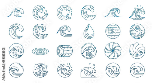 Collection of stylized wave icons representing ocean, sea, and water movement in a linear art style, perfect for design and branding