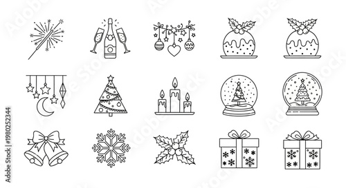 A delightful collection of festive Christmas and New Year celebration line art icons, perfect for holiday season designs and creative greetings