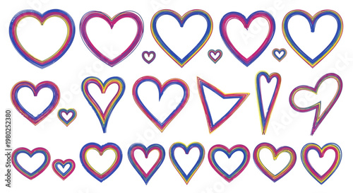 A vibrant collection of hand-drawn heart shapes and stylized outlines, featuring a colorful palette perfect for romantic themes and decorative design projects