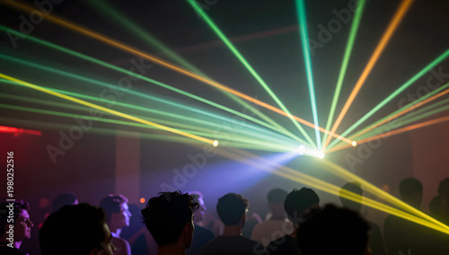 Crowd at Nightclub Party Under Colorful Laser Lights and Smoke