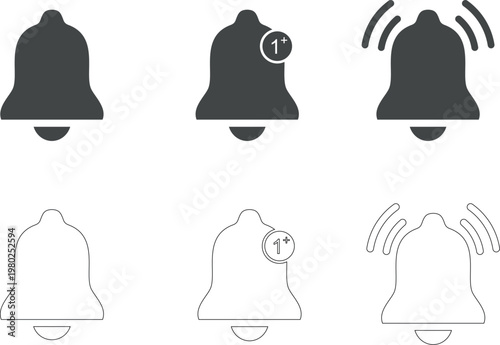 Gray Bell Notification Alert Icons Set Flat and Outline Vector