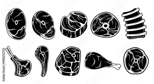 Collection of Various Meat Cuts Including Steak, Ribs, Lamb Chops, and Drumstick