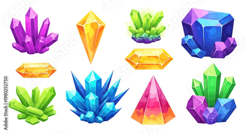 Collection of sparkling gemstones and colorful crystals in various shapes and sizes, perfect for digital art and design projects