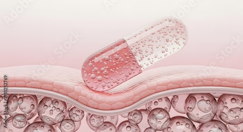 3d render of a transparent capsule with pink liquid and bubbles resting on a textured skin surface