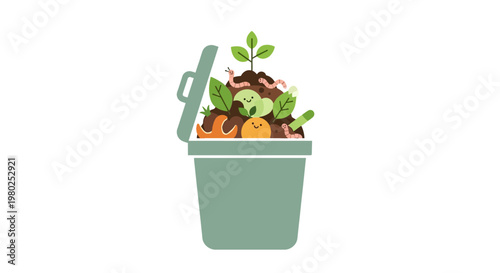 Green Compost Bin with Growing Plants.