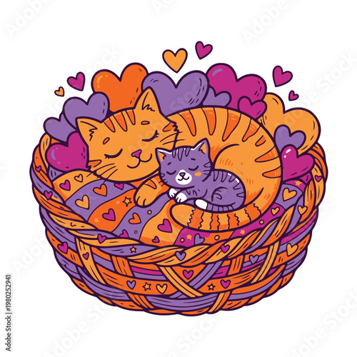 Mother's Day illustration of cats sleeping in a heart-filled basket