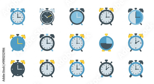 Set of blue and white Christmas decorations featuring vector icons of a vintage alarm clock and stopwatch symbols to represent time and business deadlines in a flat illustration design