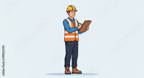 Construction Worker Standing With Clipboard And Hardhat.
