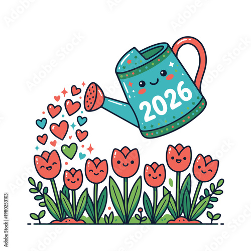 A cute illustration of a smiling watering can pouring hearts onto tulips on Mother's day.