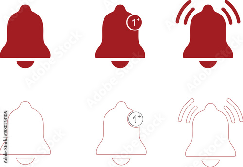 Red Bell Notification Icons Set Flat and Outline Vector