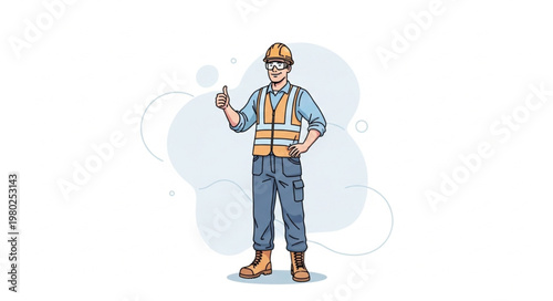 Construction Worker Standing Wearing Hardhat Safety Vest Toolbelt.