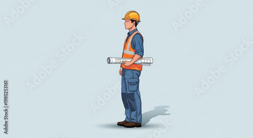 Construction Worker Standing Holding Rolled Blueprints and Helmet.
