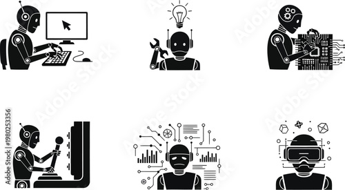 Black and white robot icons, robotic workforce illustrations, futuristic technology symbols, automation concept set