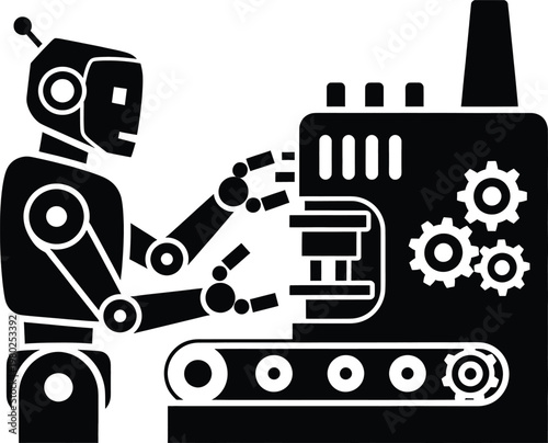 Industrial robot, robotic arm, mechanical assembly, black and white vector