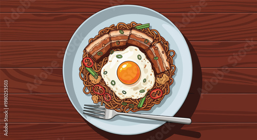 Young woman savoring a delicious plate of golden instant noodles, enjoying every bite of the flavorful mie with a fork, a moment of pure culinary pleasure and satisfaction