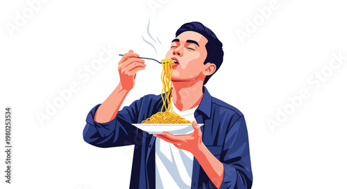 Young woman enjoying a plate of delicious instant noodles, also known as mie, with a fork