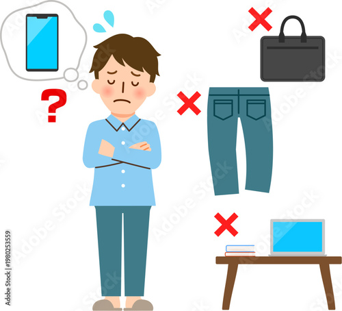 家の中でスマートフォンが見つからなくて困っている男性