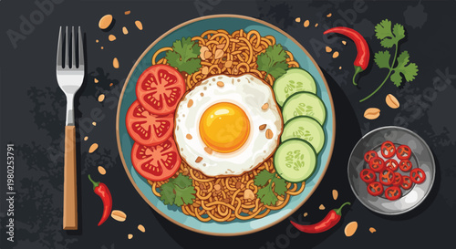 Delicious instant noodles with fried egg, tomato, cucumber, chili, and peanuts, a perfect mie dish for a quick meal