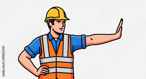 Construction worker signaling stop with raised hand.