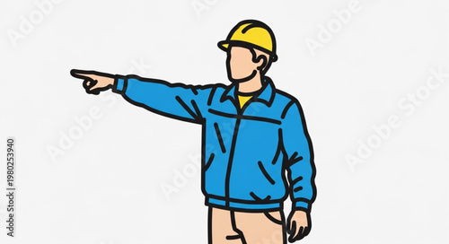 Construction Worker Pointing Wearing Hardhat And Jacket.