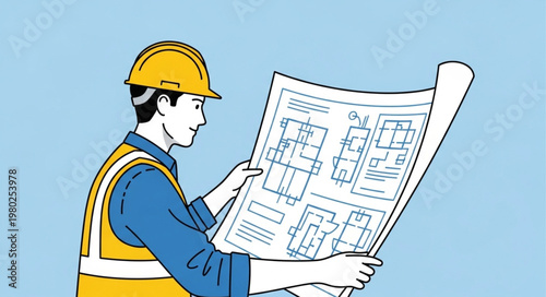 Construction worker inspecting architectural blueprint on site.