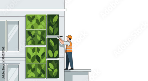 Sustainable Architecture Illustration: Worker Installing Vertical Garden Green Wall on Building Facade