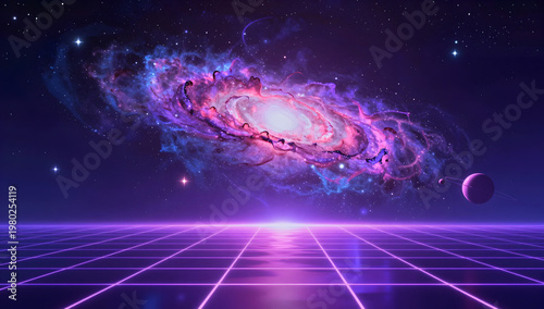 Retro Futuristic Neon Galaxy with Cosmic Spiral and Glowing Grid
