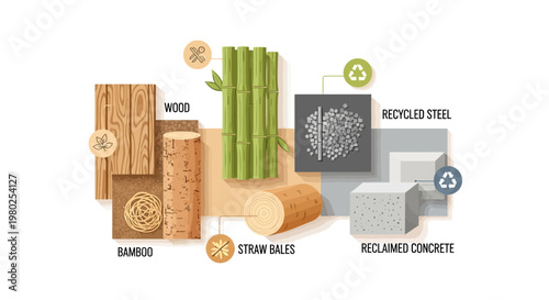 Sustainable Construction Materials Infographic Featuring Bamboo, Wood, Straw Bales, Recycled Steel, and Reclaimed Concrete for Green Building and Eco-Friendly Architecture