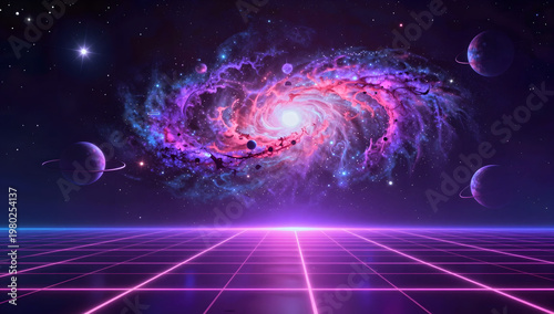 Retro Futuristic Neon Galaxy with Cosmic Spiral and Glowing Grid