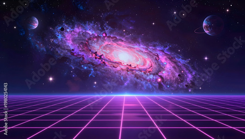 Retro Futuristic Neon Galaxy with Cosmic Spiral and Glowing Grid