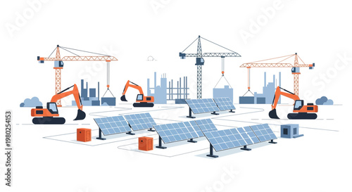 Solar Panel Installation and Construction Site Illustration with Cranes and Excavators for Renewable Green Energy Infrastructure Development