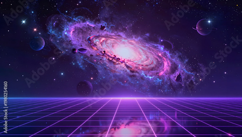 Retro Futuristic Neon Galaxy with Cosmic Spiral and Glowing Grid