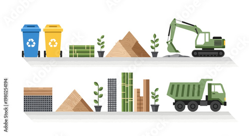 Sustainable Green Construction Concept Illustration with Eco-Friendly Building Materials, Recycling Bins, and Heavy Machinery