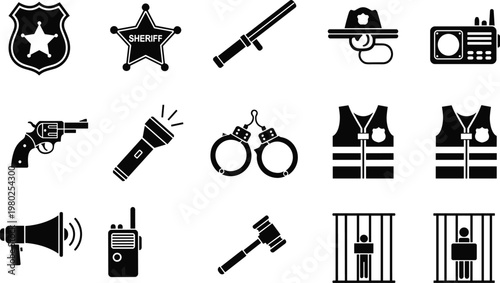 Law enforcement policing icon silhouette illustration, police badge artwork, jail cell design, surveillance camera graphic, gavel emblem, public safety