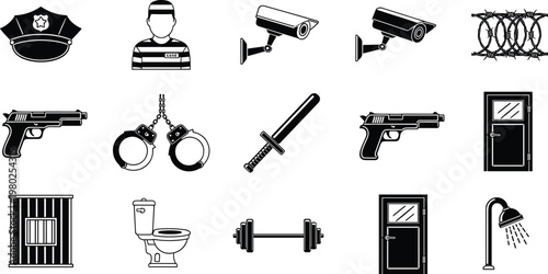 Law enforcement prison icon silhouette illustration, surveillance camera artwork, handcuff symbol design, jail cell graphic, baton emblem, security