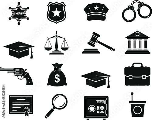 Law justice education finance icon silhouette illustration, sheriff badge artwork, courthouse design, graduation cap graphic, money bag emblem
