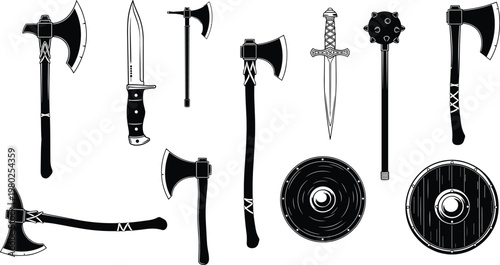 Medieval weapon shield icon silhouette illustration, battle axe artwork, dagger sword design, spiked mace graphic, round shield emblem