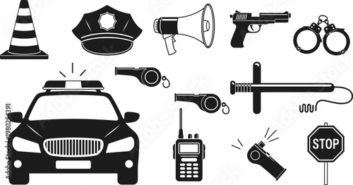 Police law enforcement icon silhouette illustration, traffic cone artwork, police car design, handgun graphic, stop sign emblem, safety