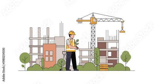 Sustainable Construction Concept with Worker Holding a Green Plant at a Building Site, Eco-Friendly Architecture and Urban Development Illustration