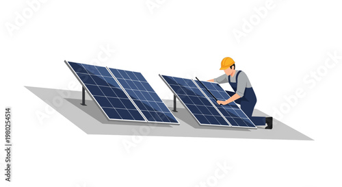 Professional Technician Installing Solar Panels on Roof Vector Illustration