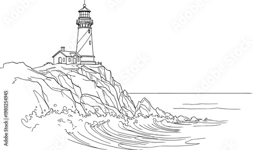 Lighthouse on Cliff with Ocean Waves Line Art Coastal Landscape Minimal Vector Illustration Design