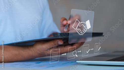 Procurement process management, Digital and paper document approval, contract verification, supplier negotiation, and business purchasing operations using laptop and paper in office environment