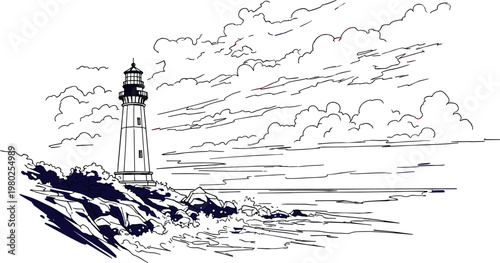 Lighthouse on Rocky Coastline with Ocean Waves Scenic Seascape Line Art Nature Vector Illustration