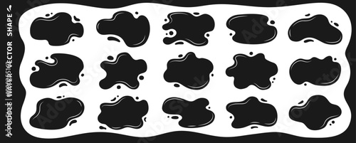 Liquid shapes and frames with uneven wavy edges set. Fluid puddles, splashes, drops, blobs and stains. Rounded watery organic forms. Smooth blotches, soft spills drips abstract shapes text backgrounds