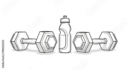 Dumbbells and water bottle black and white illustration