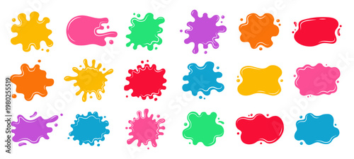 Paint splatters colorful set. Soft spills, drips decorative abstract shapes, liquid banners. Liquid shapes and frames with uneven wavy edges. Fluid puddles, splashes, drops, blobs stains ink forms