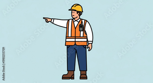 Construction worker in safety gear pointing direction.