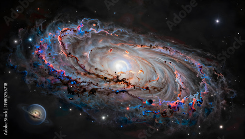 Abstract Spiral Galaxy Nebula with Glowing Core and Distant Planets