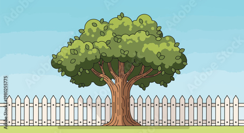 Pixel Art Green Tree Behind White Picket Fence Against Blue Sky